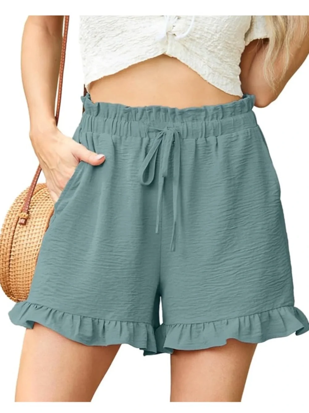 Ruffled Drawstring High-Waist Shorts